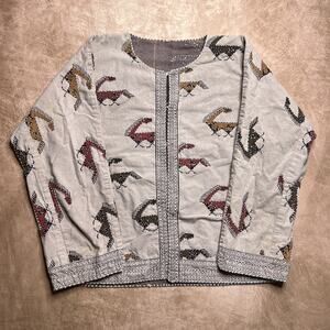 Vintage 90s Abstract Horse Painting Embroidered Jacket Tan Button Up Tribal Boho